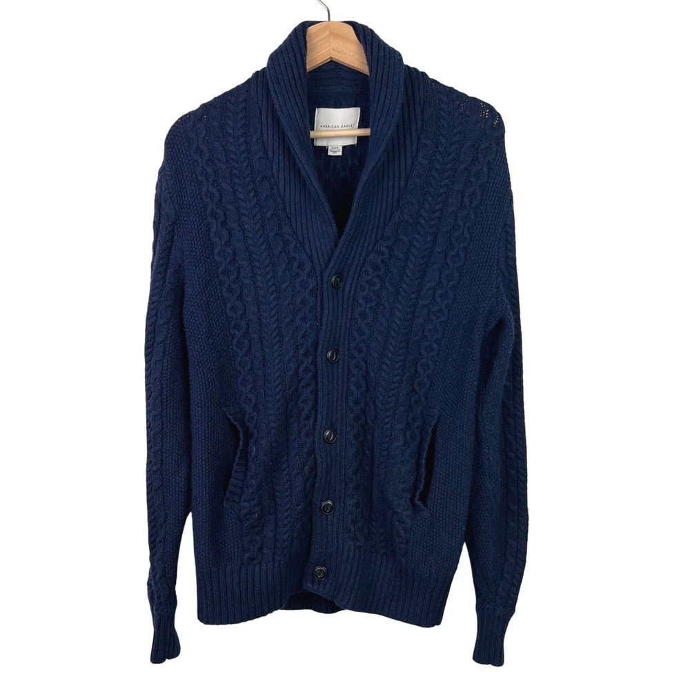 American Eagle Navy Blue Cable Knit Shawl Collar Cardigan Sweater Men's Medium